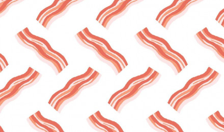 Hand drawn illustration of bacon pattern on white background. Vector texture. Cartoon style