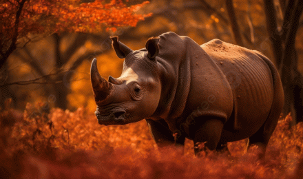 The Rhino Is Standing In A Brown Field With Trees And An Orange Hue Background, Autumn Glow Fragrant Rhinoceros, HD Photography Photo, Rhinoceros Background Image And Wallpaper for Free Download