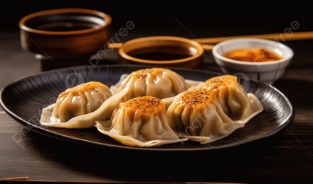 Traditional Dumplings With Dumpling Sauce On A Black Plate Background, Bitesized Panfried Dumplings, HD Photography Photo, Food Background Image And Wallpaper for Free Download