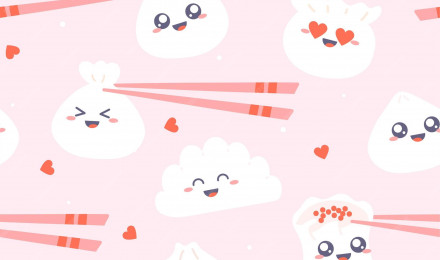 Premium Vector. Dim sum pattern. cute kawaii dumplings with chopsticks on pink