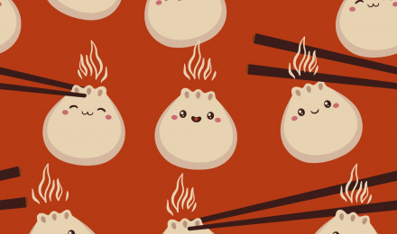 Seamless pattern with dumplings on a red background. Vector graphics