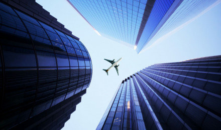 Skyscrapers Wallpaper 4K, Airplane, High rise building