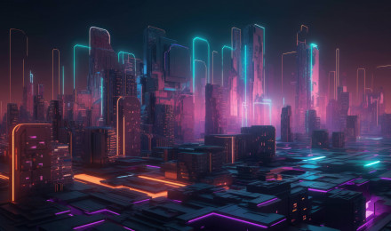 This 3D Abstract Composition Showcases A Futuristic Cityscape Made Of Neon Lights And Geometric Shapes, Perfect For A Cyberpunk Inspired Desktop Wallpaper