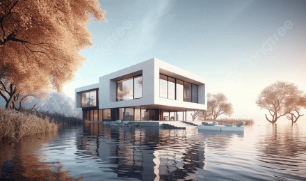 Beautiful White House Is Floating In The Water Background, 3D Rendering Illustration Of Modern Minimal House With A Deciduous Trees And Waterfront View, HD Photography Photo Background Image And Wallpaper for Free