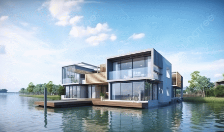 Lake View Showing Modern Modern Houses Floating On Water Background, 3D Rendering Illustration Of Modern House With Water Front View, HD Photography Photo Background Image And Wallpaper for Free Download