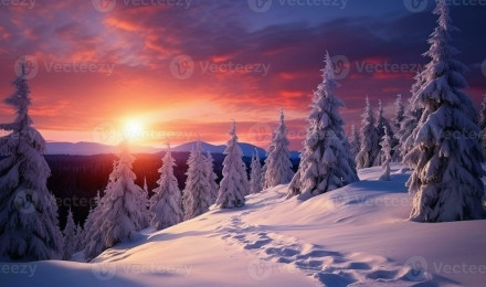 Winter landscape wallpaper with pine forest covered with snow and scenic sky at sunset. Snowy fir tree in beauty nature scenery AI Generative