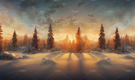 Winter landscape wallpaper with pine forest covered with snow an. Nature Creative Market