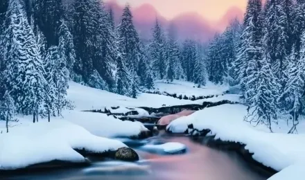 Beautiful snowy landscape with tall trees and mountains and a stream