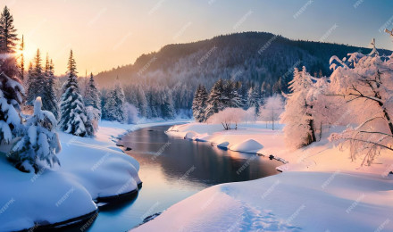 Premium Photo. A snowy landscape with a river and trees covered in snow