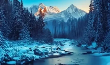 Beautiful snowy landscape with tall trees and mountains and a stream