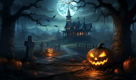 Spooky halloween wallpaper with pumpkin and old house