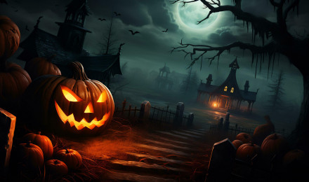 Spooky halloween wallpaper with pumpkin and old house