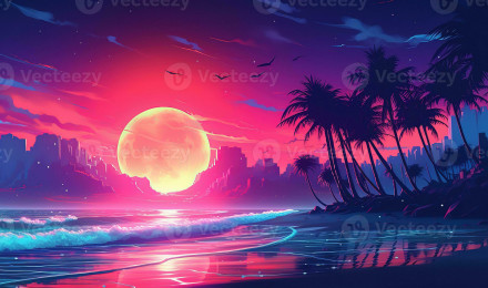 Aesthetic beach synthwave retrowave wallpaper with a cool and vibrant neon design, AI Generated