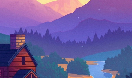 Stardew Valley House River & Mountains Wallpaper for iPhone 4k