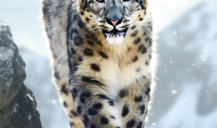 A 4K ultra HD mobile wallpaper depicting a fierce and determined Snow Leopard, perched on a rocky cliffside, its thick fur camouflaging seamlessly with the wintry surroundings, showcasing the beauty and adaptability