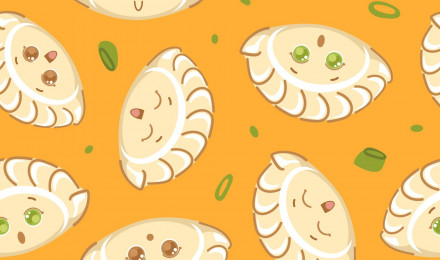 Jiaozi and greens. Seamless pattern Chinese New Year fried dumplings, shaped like ancient silver and gold ingots. Cute cartoon character. For menu cafe, wallpaper, fabric, wrapping, background