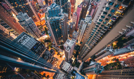 HD wallpaper: top view of concrete buildings, city, tower, skyscraper, light. Concrete buildings, Futuristic city, City