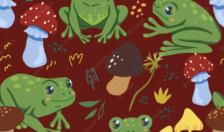 Premium Vector. Cute frogs and forest mushrooms. abstract hand drawn vector seamless pattern. colored cartoon ornament with animals. funny design for print, fabric, textile, background, wallpaper