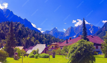 Premium Photo. Stylish travel wallpaper. country mountain landscape. nature aesthetic background. slovenia