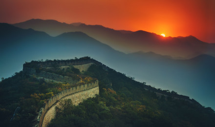 Great Wall of China Wallpaper 4K, Sunset, Orange sky, Mountains