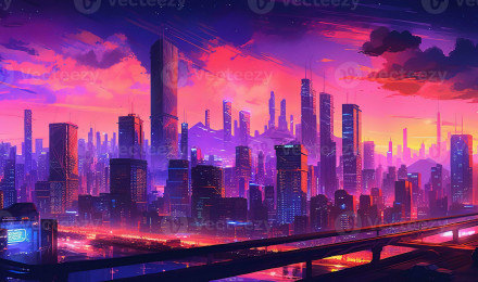 Aesthetic city synthwave wallpaper with a cool and vibrant neon design, AI Generated