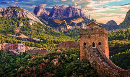 Download wallpaper Great Wall of China, 4k, summer, mountains, chinese landmarks, owl, Asia, China, beautiful nature for desktop with resolution 3840x2400. High Quality HD picture wallpaper