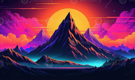 Aesthetic mountain synthwave retrowave wallpaper with a cool and vibrant neon design, AI Generated