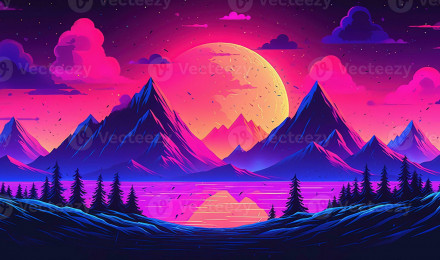 Aesthetic mountain synthwave retrowave wallpaper with a cool and vibrant neon design, AI Generated