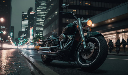 Nick St. Pierre Shot, Eye Level, Side View, 1990 Harley Davidson Fat Boy, Tokyo, City Center, Moody Lighting, Aggressive, Loud, Fast, 4k, Cinematic Composition, Professional Color Grading Ar 16:9