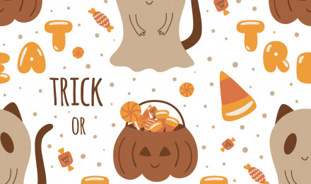 Trick or Treat pattern. Sweet Halloween candies seamless pattern. Loli pop, pumpkin trick or treat bag, ghost cat. Sweet kids background for Halloween. Vector illustration. Halloween wallpaper design. 12465656 Vector Art