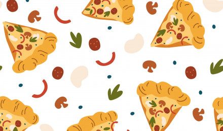 Pizza seamless pattern. Pizza slices with mozzarella, salami, herbs, mushrooms and pepper. Doodle fast food background. For wrapping paper, textile, wallpaper, restaurant or cafe. Vector illustration