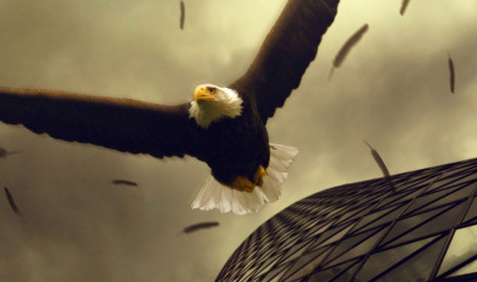 Wallpaper Eagle, 4k, HD wallpaper, sky, clouds, building, fly, wings, plumage, art, OS