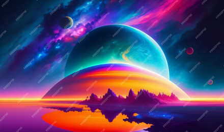 Premium Photo. A colorful galaxy wallpaper with a planet and mountains