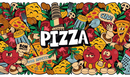 Premium Vector. A colorful pizza background in cartoon style, this design can be used as wallpaper for a restaurant