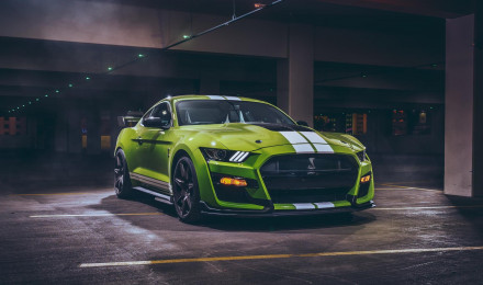 Green Ford Mustang Shelby gt500 cars in garage 2K wallpaper download