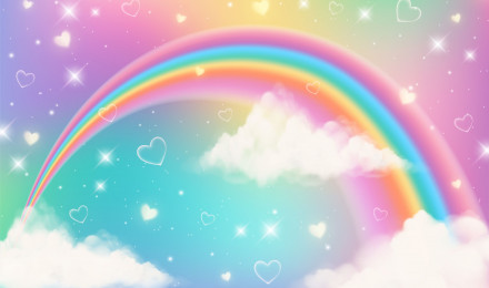 Holographic fantasy rainbow unicorn background with clouds. Pastel color sky. Magical landscape, abstract fabulous pattern. Cute candy wallpaper. Vector