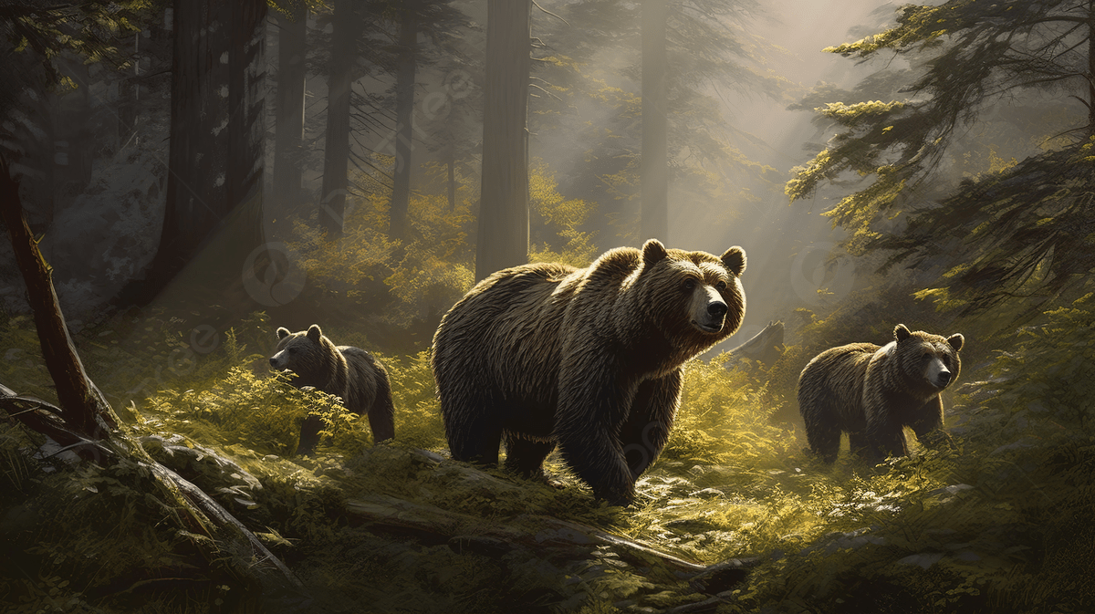 Grizzly Bears In The Forest Painting Wallpaper Background, Picture Of Bears In The Woods Background Image And Wallpaper for Free Download - 