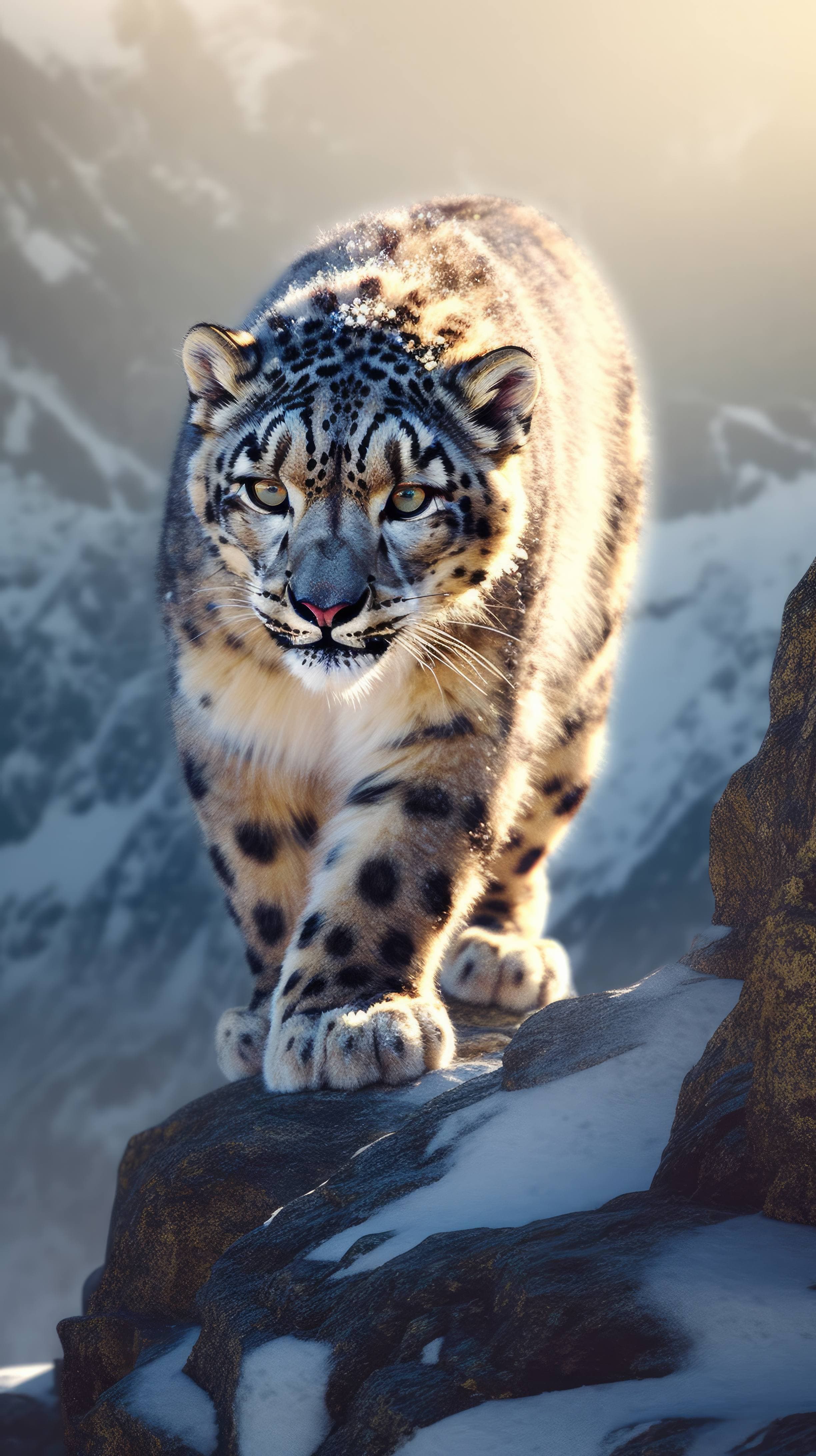 A 4K ultra HD mobile wallpaper depicting a captivating and elusive Snow Leopard, perched on a rocky ledge, its piercing gaze locked on its surroundings, embodying the spirit of the mountains