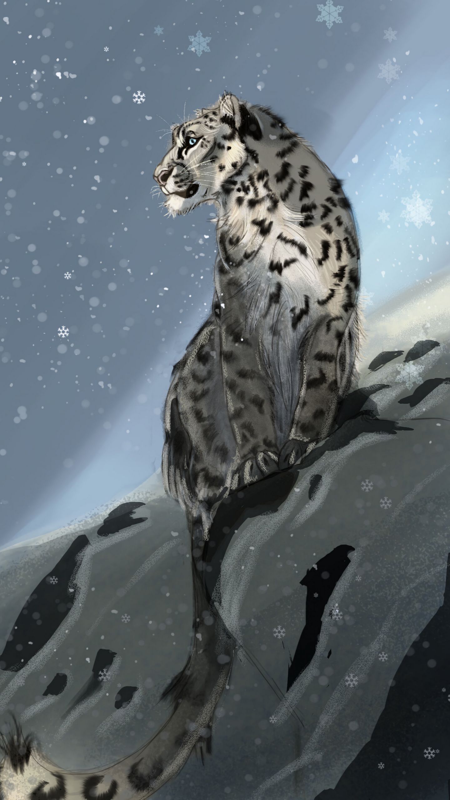 Download wallpaper 1440x2560 snow leopard, predator, snow, snowflakes, winter, art qhd samsung galaxy s s edge, note, lg g4 HD background