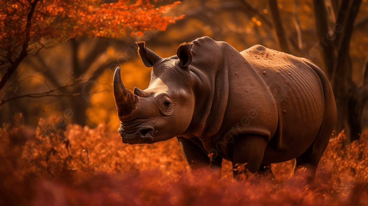 The Rhino Is Standing In A Brown Field With Trees And An Orange Hue Background, Autumn Glow Fragrant Rhinoceros, HD Photography Photo, Rhinoceros Background Image And Wallpaper for Free Download