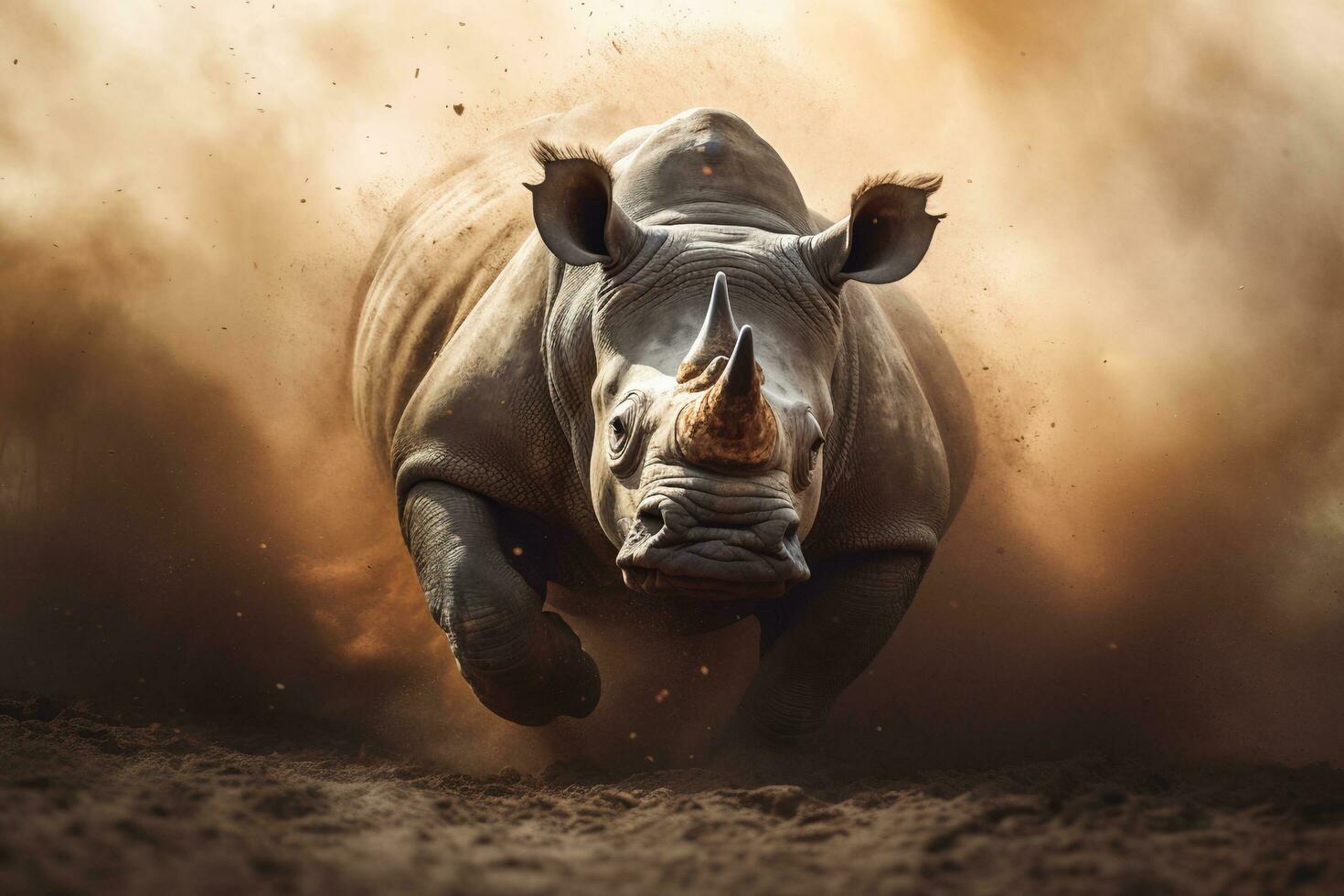 White rhinoceros running in dust with AI generated