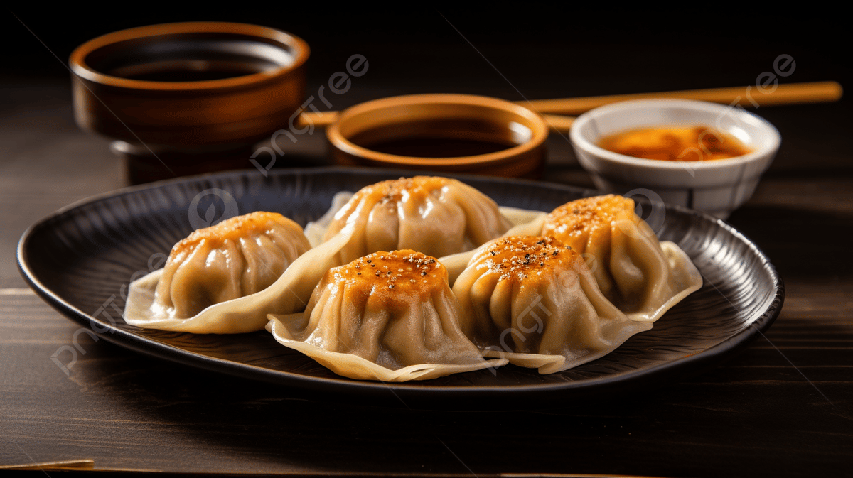 Traditional Dumplings With Dumpling Sauce On A Black Plate Background, Bitesized Panfried Dumplings, HD Photography Photo, Food Background Image And Wallpaper for Free Download