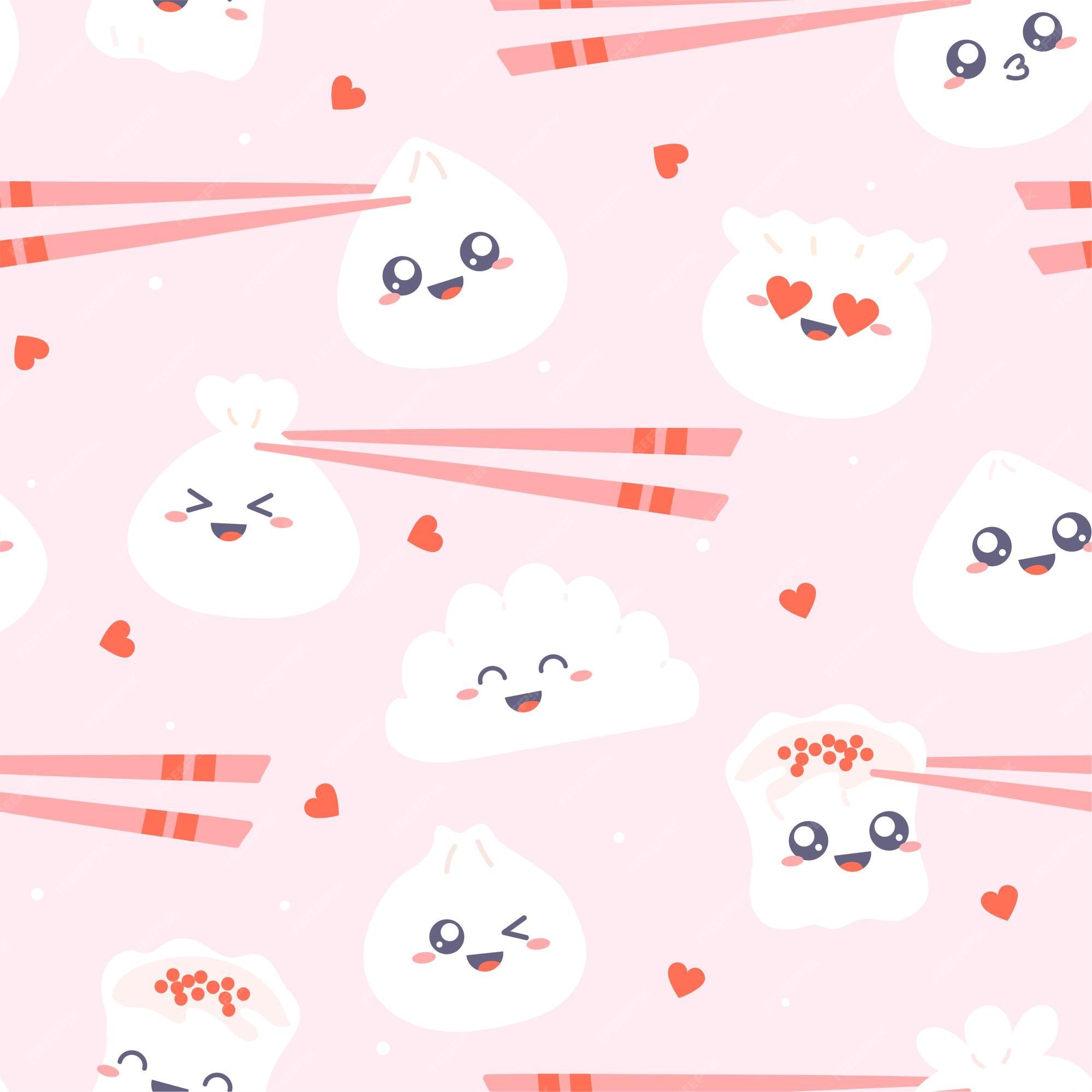 Premium Vector. Dim sum pattern. cute kawaii dumplings with chopsticks on pink