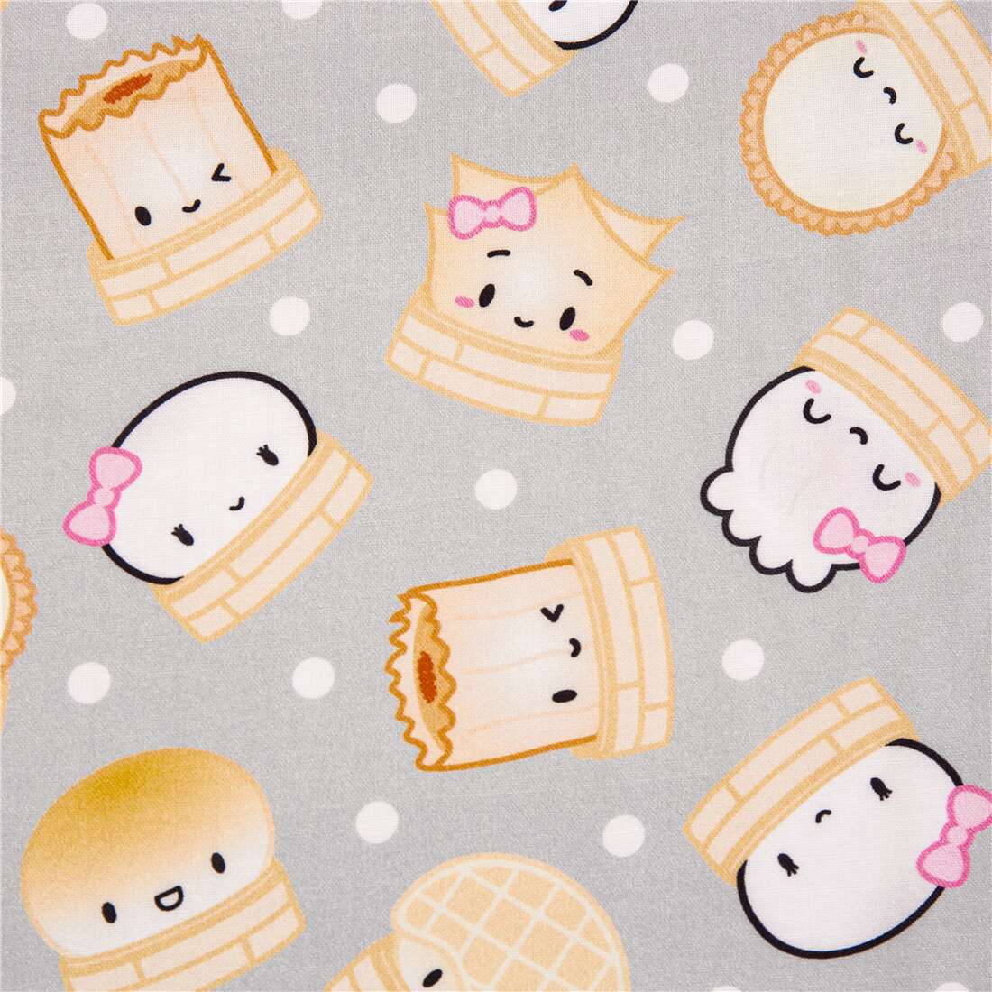 Tumbling Smiling Kawaii Dumplings Polkadots Fabric