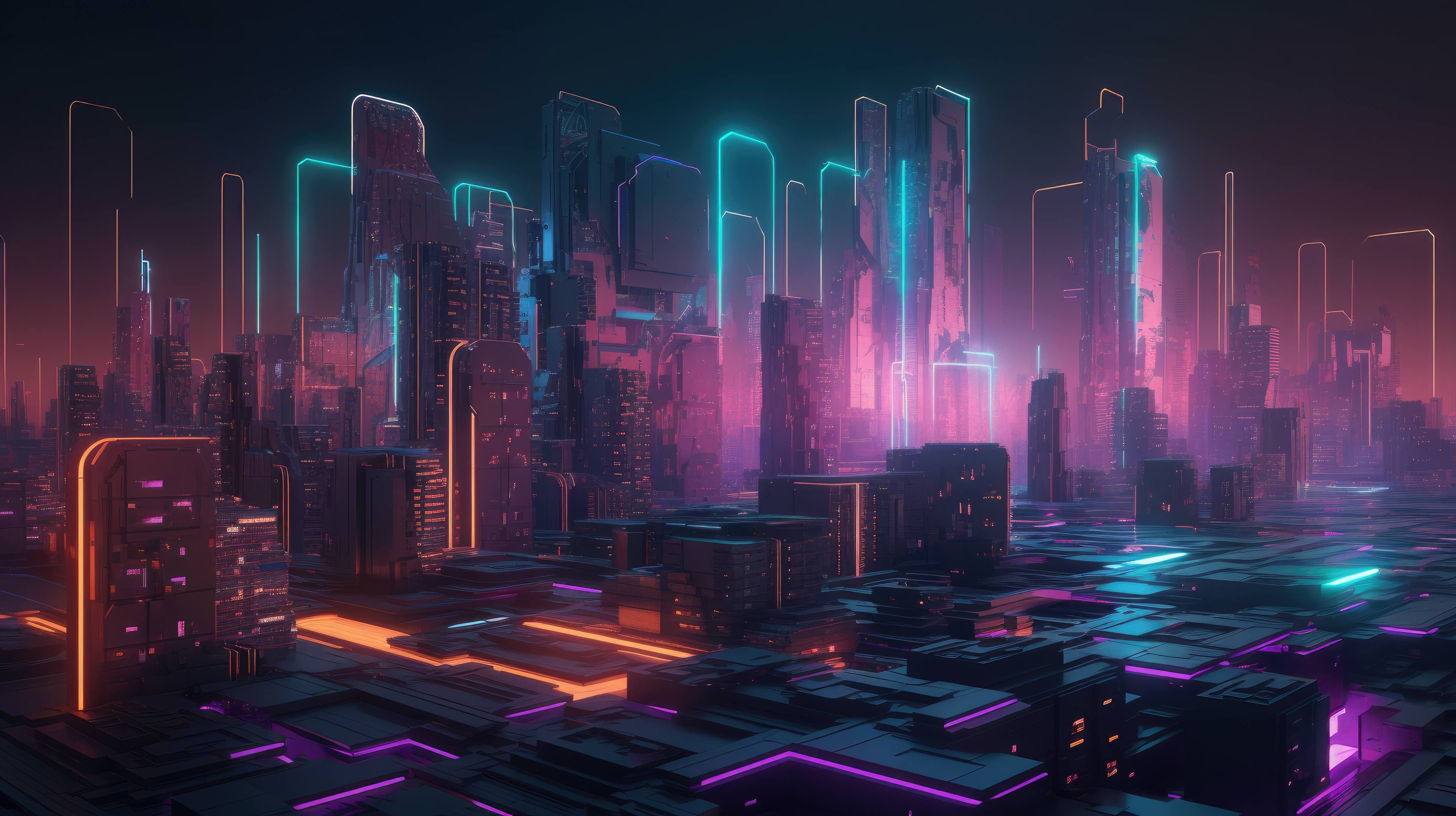 This 3D Abstract Composition Showcases A Futuristic Cityscape Made Of Neon Lights And Geometric Shapes, Perfect For A Cyberpunk Inspired Desktop Wallpaper