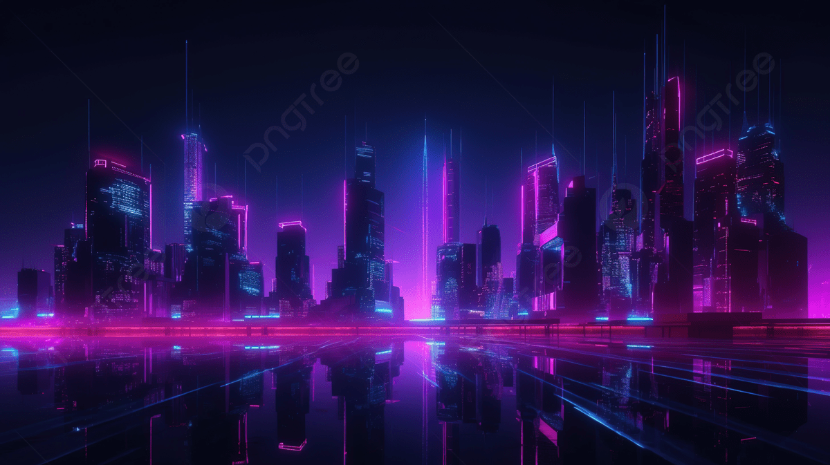 Cyborg City With Neon Lights At Night HD Wallpaper Background, 3D Render Abstract Neon Mega City Cyberpunk Futuristic Cityscape Silhouettes Skyscrapers, HD Photography Photo Background Image And Wallpaper for Free Download