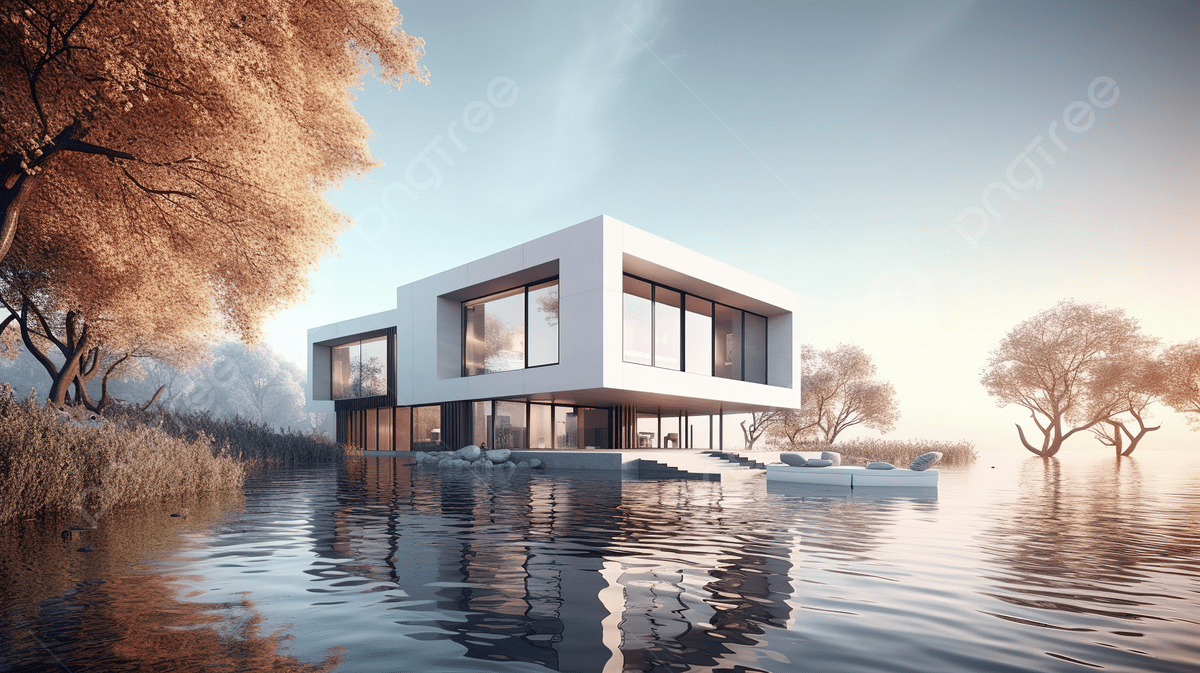 Beautiful White House Is Floating In The Water Background, 3D Rendering Illustration Of Modern Minimal House With A Deciduous Trees And Waterfront View, HD Photography Photo Background Image And Wallpaper for Free - 