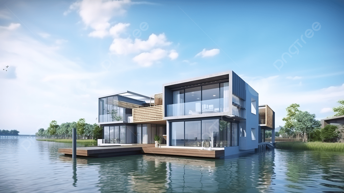 Lake View Showing Modern Modern Houses Floating On Water Background, 3D Rendering Illustration Of Modern House With Water Front View, HD Photography Photo Background Image And Wallpaper for Free Download