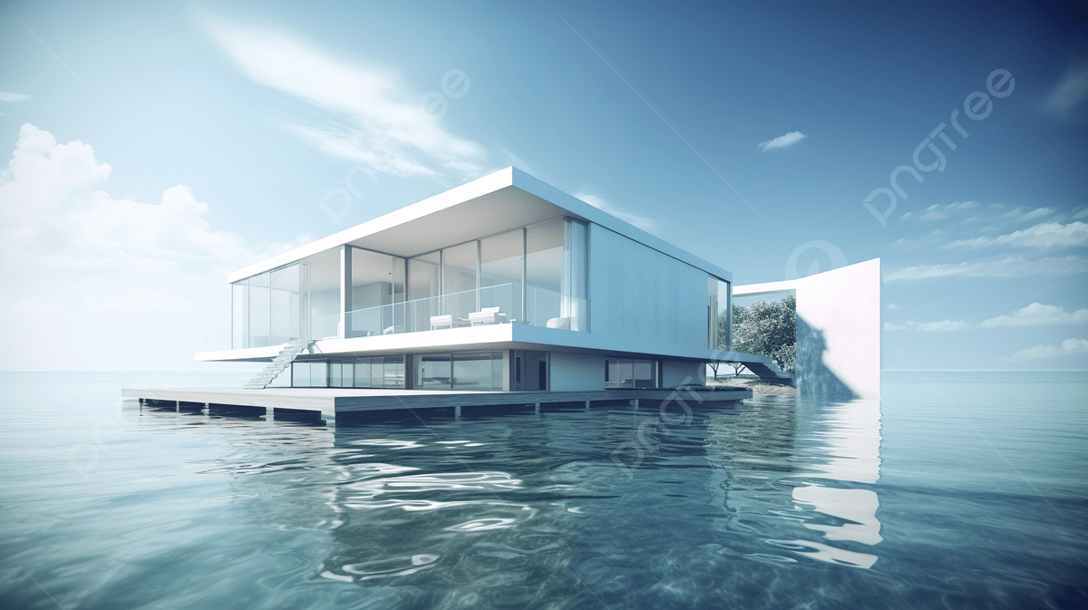 White House Floating On The Edge Of The Water Background, 3D Rendering Illustration Of Modern House With Water Front View, HD Photography Photo Background Image And Wallpaper for Free Download - 