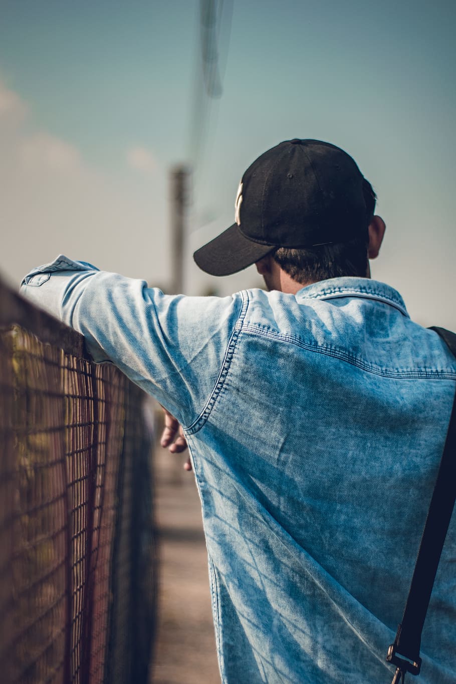 HD wallpaper: Blue Denin Jacket, back view, cap, daylight, denim jacket, fashion